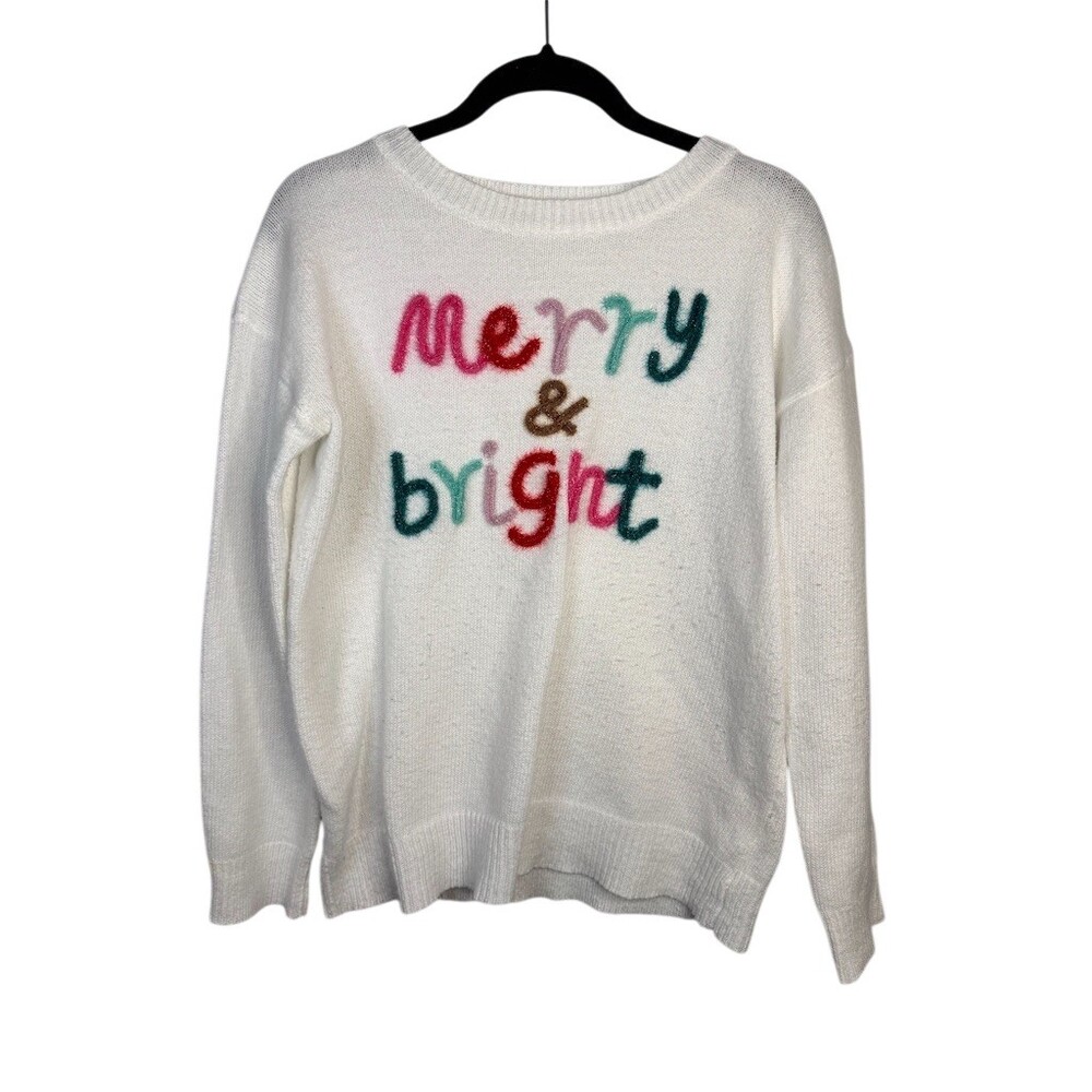 Womens Sweater SWhite Merry & Bright Holiday Pullover Crew Neck
